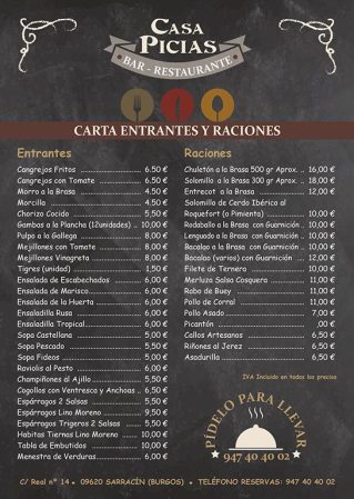 Casa Picias Carta restaurante